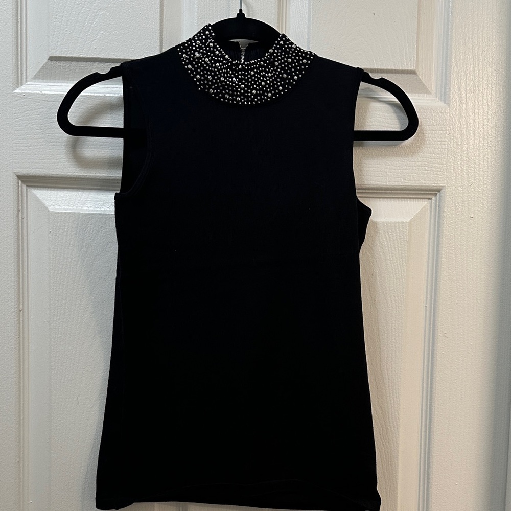 Premise Black Sleeveless Blouse with Embellished Collar